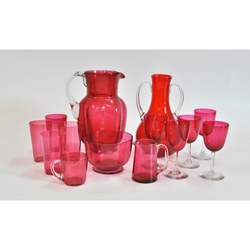 133 - Red glassware grouping to  include jugs, twin handled vase, glasses etc.