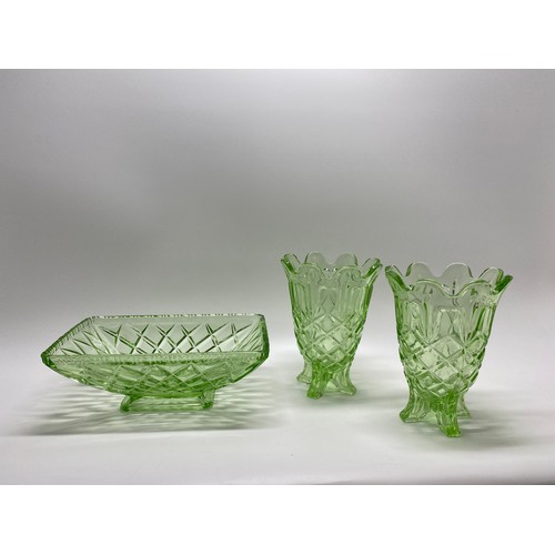 135 - Mid century pressed glass fruit bowl  together with a pair of fluted pedastal vases