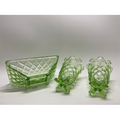 135 - Mid century pressed glass fruit bowl  together with a pair of fluted pedastal vases