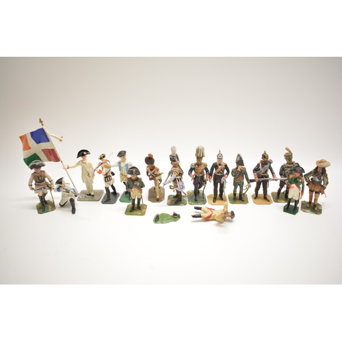 173 - Various die cast soldier figures including German, French, Napoleon. 11.5cm flag bearer.