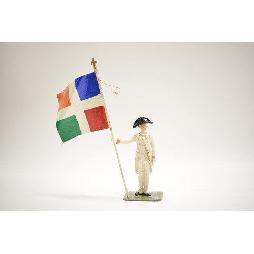 173 - Various die cast soldier figures including German, French, Napoleon. 11.5cm flag bearer.