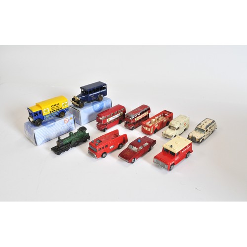 197 - Diecast and other varieties of military and industrial, race car and Matchbox trains, including Corg... 