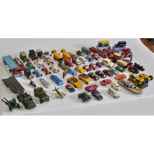 197 - Diecast and other varieties of military and industrial, race car and Matchbox trains, including Corg... 