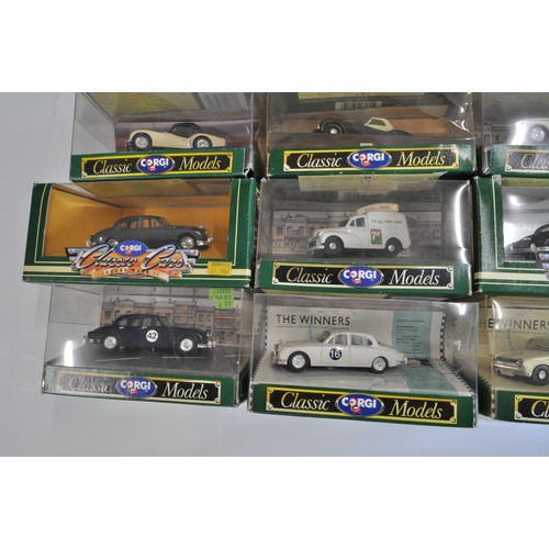 198 - Boxed Corgi Classic Car Models, to include Jaguar MK II, Ford Cortina, Porche 356B, Morris Minor, et... 