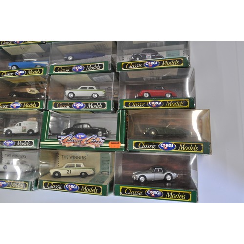 198 - Boxed Corgi Classic Car Models, to include Jaguar MK II, Ford Cortina, Porche 356B, Morris Minor, et... 