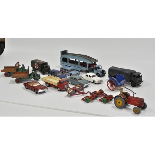 205 - Vintage Dinky Toys Transporter, x2 Motocart, Military vehicles and Meccano agricultural items