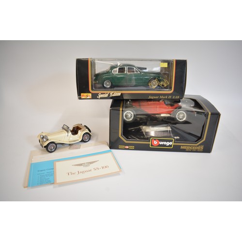 218 - x3 model cars to include Jagaur SS-100 with paperwork and tag, 1:18 scale Maisto Jaguar Mark II and ... 