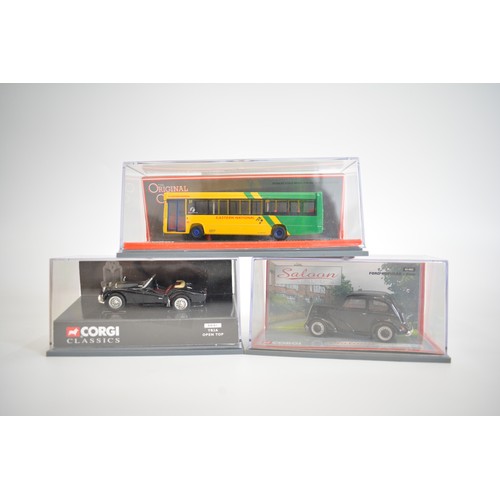 219 - Various boxed model vehicles and makers to include tractors, cars, buses and fire engines, plus Dink... 