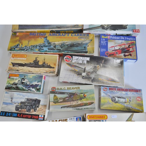 224 - Airfix, Revell and Matchbox  model kits. A variety of aircraft, boats and a carrier truck, to includ... 