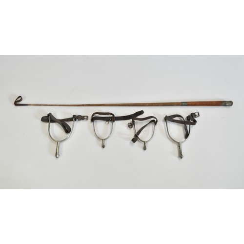 235 - Estimated WW1 1914-1918  solid nickel spurs and a Royal Artillery leather handle riding crop. A/F