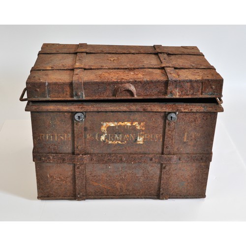 242 - Vintage strong box style coal box, 35cms tall x 49cms wide marked British and German Trust Limited