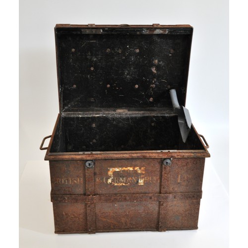 242 - Vintage strong box style coal box, 35cms tall x 49cms wide marked British and German Trust Limited