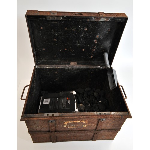 242 - Vintage strong box style coal box, 35cms tall x 49cms wide marked British and German Trust Limited