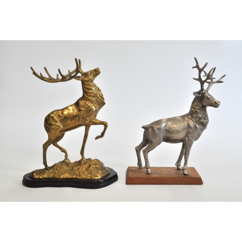 250 - x2 brass/white metal stags mounted on wooden plinths, max H 32cm.