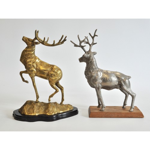 250 - x2 brass/white metal stags mounted on wooden plinths, max H 32cm.