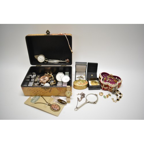 264 - A  jewellery box containing wristwatches, necklaces, locket, earrings, bracelets, some stamped  925 ... 