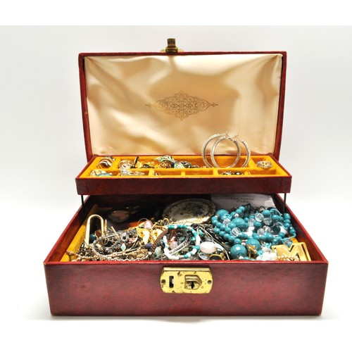 267 - Two tier Jewellery box containing a mixture of costume jewellery items some of which are gold, inclu... 