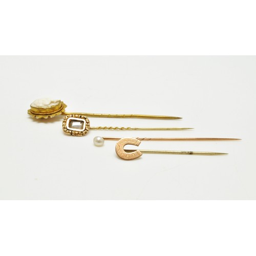 268 - x4 antique stick pins, to include Cameo, pearl, horseshoe and one encapsulating locket of woven hair... 