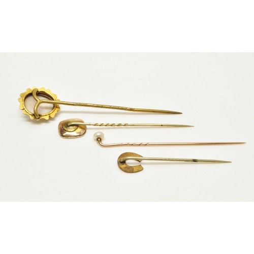 268 - x4 antique stick pins, to include Cameo, pearl, horseshoe and one encapsulating locket of woven hair... 