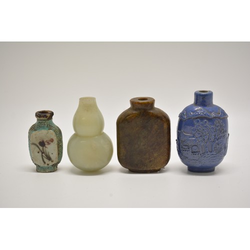 99 - x4 snuff bottles to include Chinese, one with hand painted design,  carved  scene. AF.