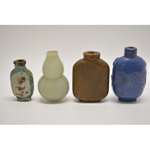 99 - x4 snuff bottles to include Chinese, one with hand painted design,  carved  scene. AF.