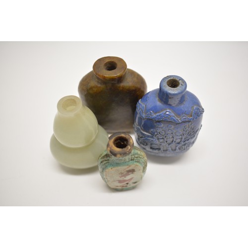 99 - x4 snuff bottles to include Chinese, one with hand painted design,  carved  scene. AF.