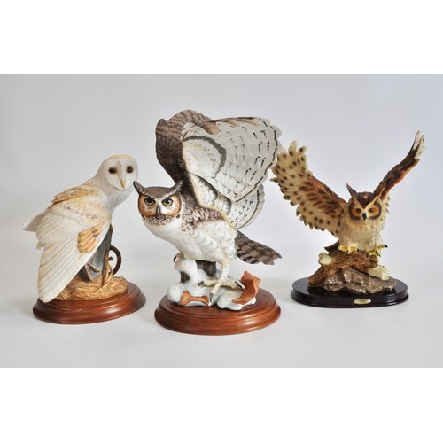 98 - Barn owl, great horned owl by Franklin Mint plus one other owl in flight from Juliana Collection