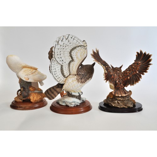 98 - Barn owl, great horned owl by Franklin Mint plus one other owl in flight from Juliana Collection