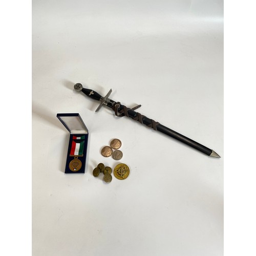 33 - Replica German dagger in scabbard together with mixed bronze medallions, uniform buttons  and boxed ... 