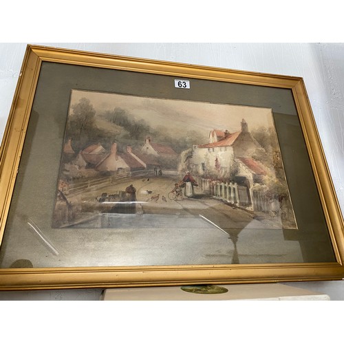 63 - Framed watercolour depicting  early 20th century Rural Village scene, signed lower right DWT 1917,  ... 