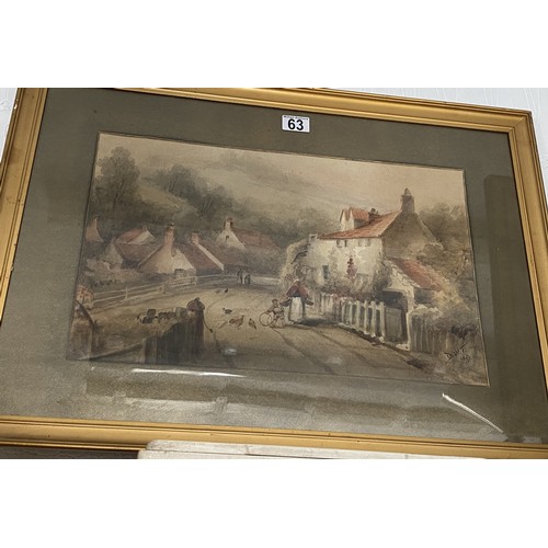 63 - Framed watercolour depicting  early 20th century Rural Village scene, signed lower right DWT 1917,  ... 