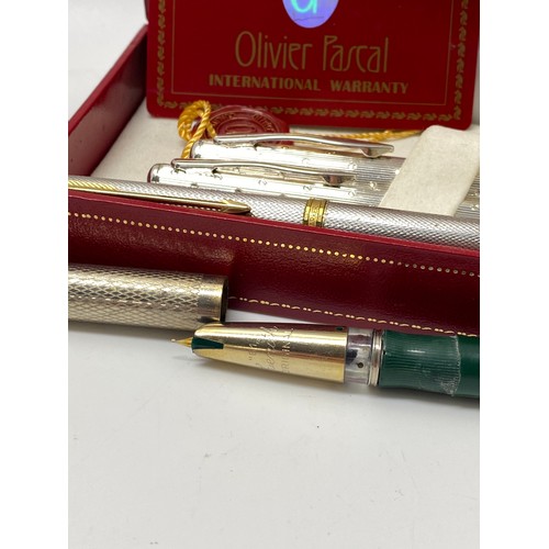 35 - Parker Pen with 18ct gold nib, vintage Zenith '61' fountain pen, and Olivier Pascal  twin pen set in... 