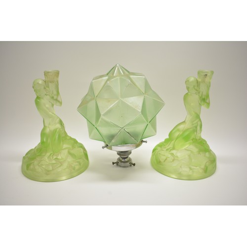 8 - Art Deco ladies - pair of glass lamp base/  holders, 21cms tall plus a starlight green shade