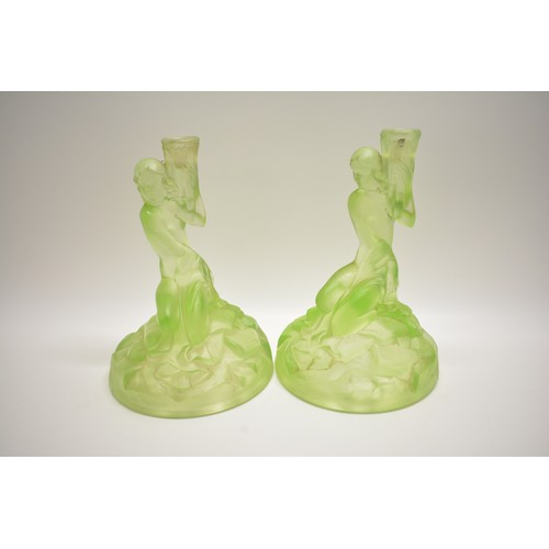 8 - Art Deco ladies - pair of glass lamp base/  holders, 21cms tall plus a starlight green shade