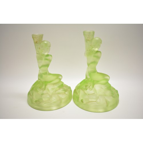 8 - Art Deco ladies - pair of glass lamp base/  holders, 21cms tall plus a starlight green shade