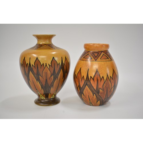 18 - x2 Clews & Co Art Deco Chameleon Flame Design vases, hand painted, sizes 18cms and 20cms