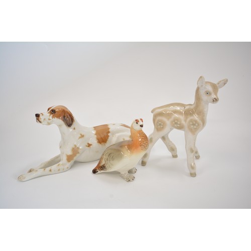 23 - Russian Ceramics - Lomonosov USSR animal figures of Pointer lying down together with Grouse and a Fa... 