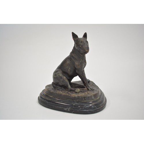 26 - Cast-bronzed study of English Bull Terrier on shaped black marble base, BARYNE, approx H16cm