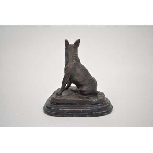 26 - Cast-bronzed study of English Bull Terrier on shaped black marble base, BARYNE, approx H16cm