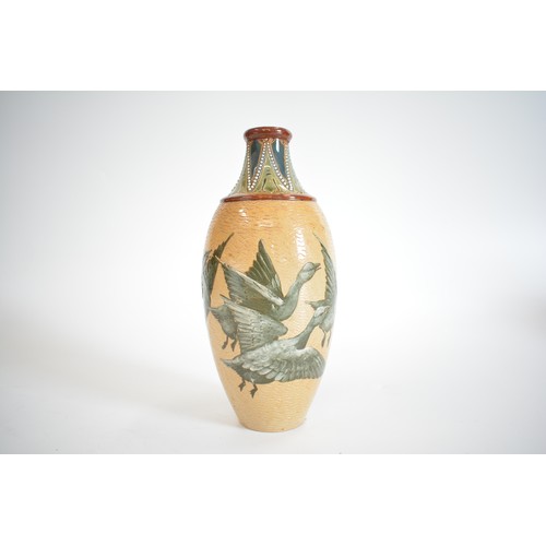 31 - A Royal Doulton stoneware vase by Florence Barlow,  decorated with geese,  signed to base, H23.5cm