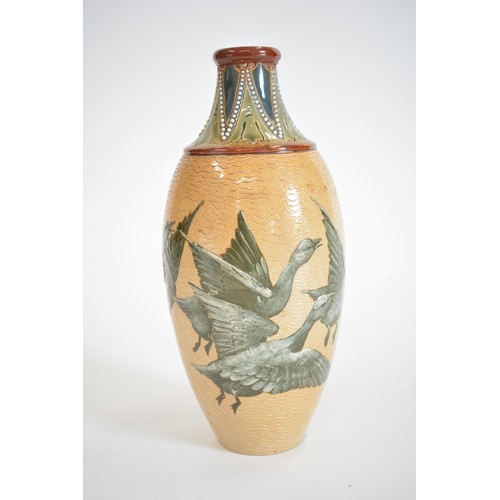 31 - A Royal Doulton stoneware vase by Florence Barlow,  decorated with geese,  signed to base, H23.5cm