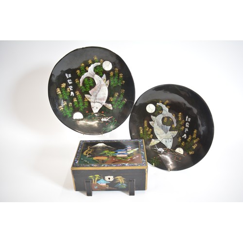 42 - Oriental music jewel box and pair of decorative plates with mother of pearl koi fish decoration AF