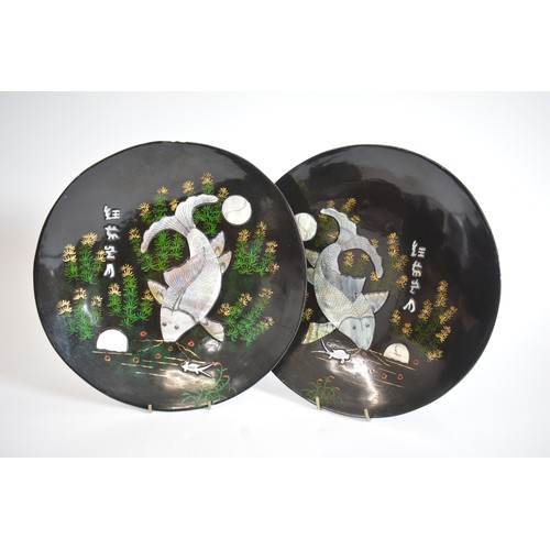 42 - Oriental music jewel box and pair of decorative plates with mother of pearl koi fish decoration AF