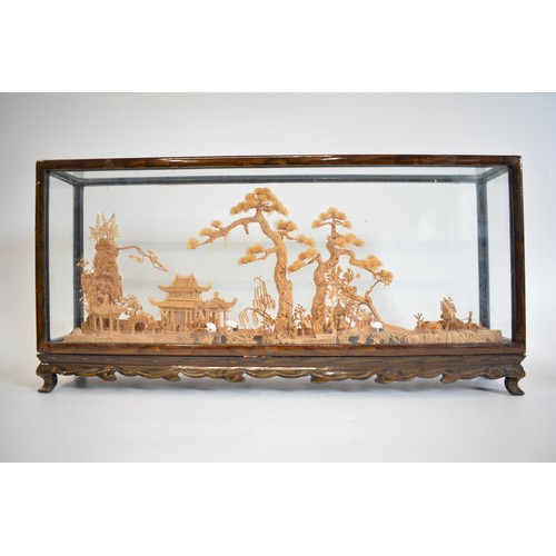 54 - Glazed rectangular Chinese cork diorama, scene depicting pagodas, trees and birds, approx L60cm x H2... 