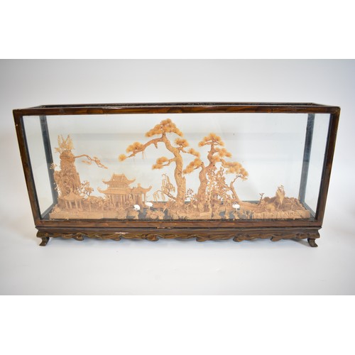 54 - Glazed rectangular Chinese cork diorama, scene depicting pagodas, trees and birds, approx L60cm x H2... 