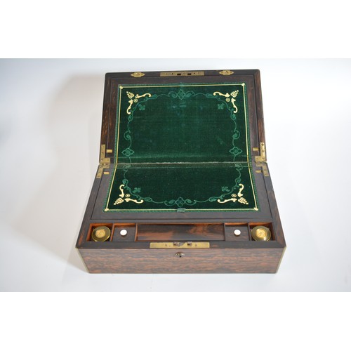 69 - Antique Coromandel stationery box with velvet and gilded interior, inkwells with bronze and gilded t... 