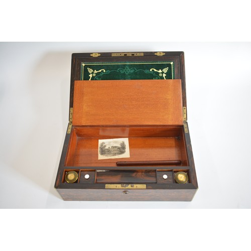 69 - Antique Coromandel stationery box with velvet and gilded interior, inkwells with bronze and gilded t... 