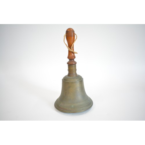 84 - Antique bronzed school bell with wood turned handle, sounds superb.