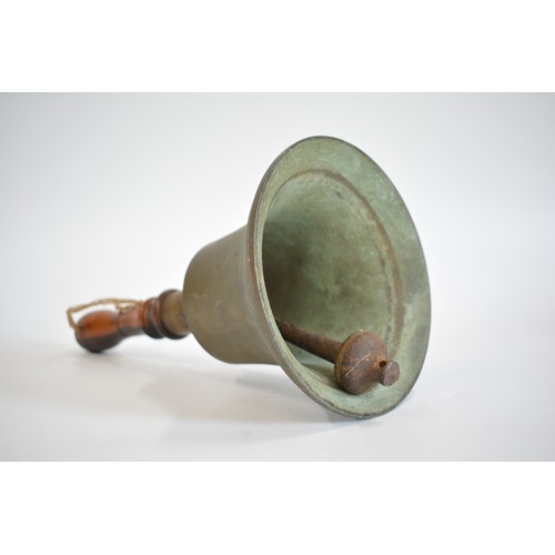 84 - Antique bronzed school bell with wood turned handle, sounds superb.