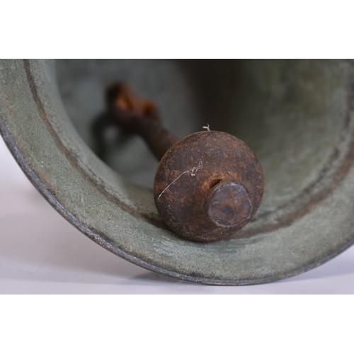 84 - Antique bronzed school bell with wood turned handle, sounds superb.